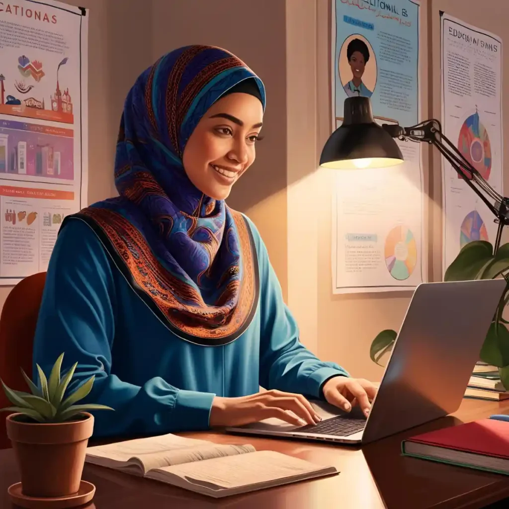 "A smiling woman wearing a colorful hijab working on a laptop at her desk, surrounded by study materials, charts, and posters on the wall, under a warm desk lamp—representing a focused and empowered digital marketing strategist in calicut