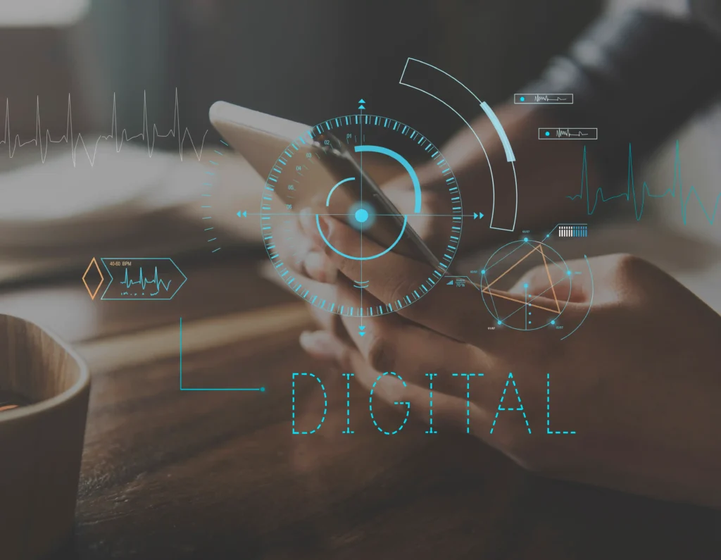 Close-up of a person using a smartphone with futuristic digital interface graphics overlayed, including charts, data visuals, and the word 'DIGITAL'—symbolizing modern digital marketing and technology integration